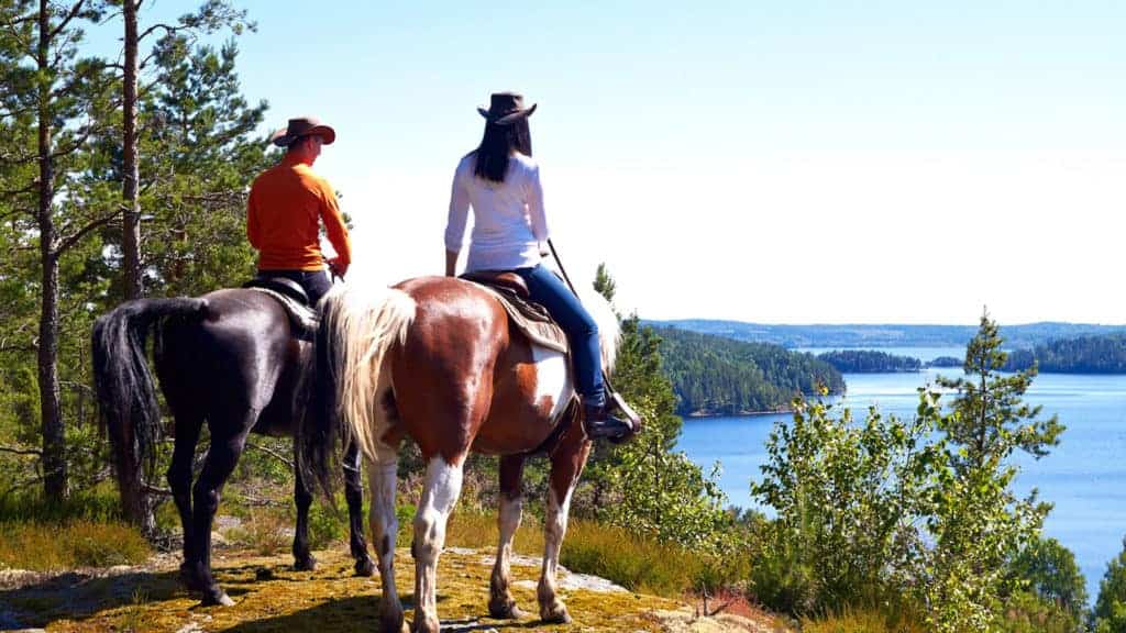 Tvåersoner sitter på var sin häst och blickar ut över ett berg. En sjö finns nedanför berget.